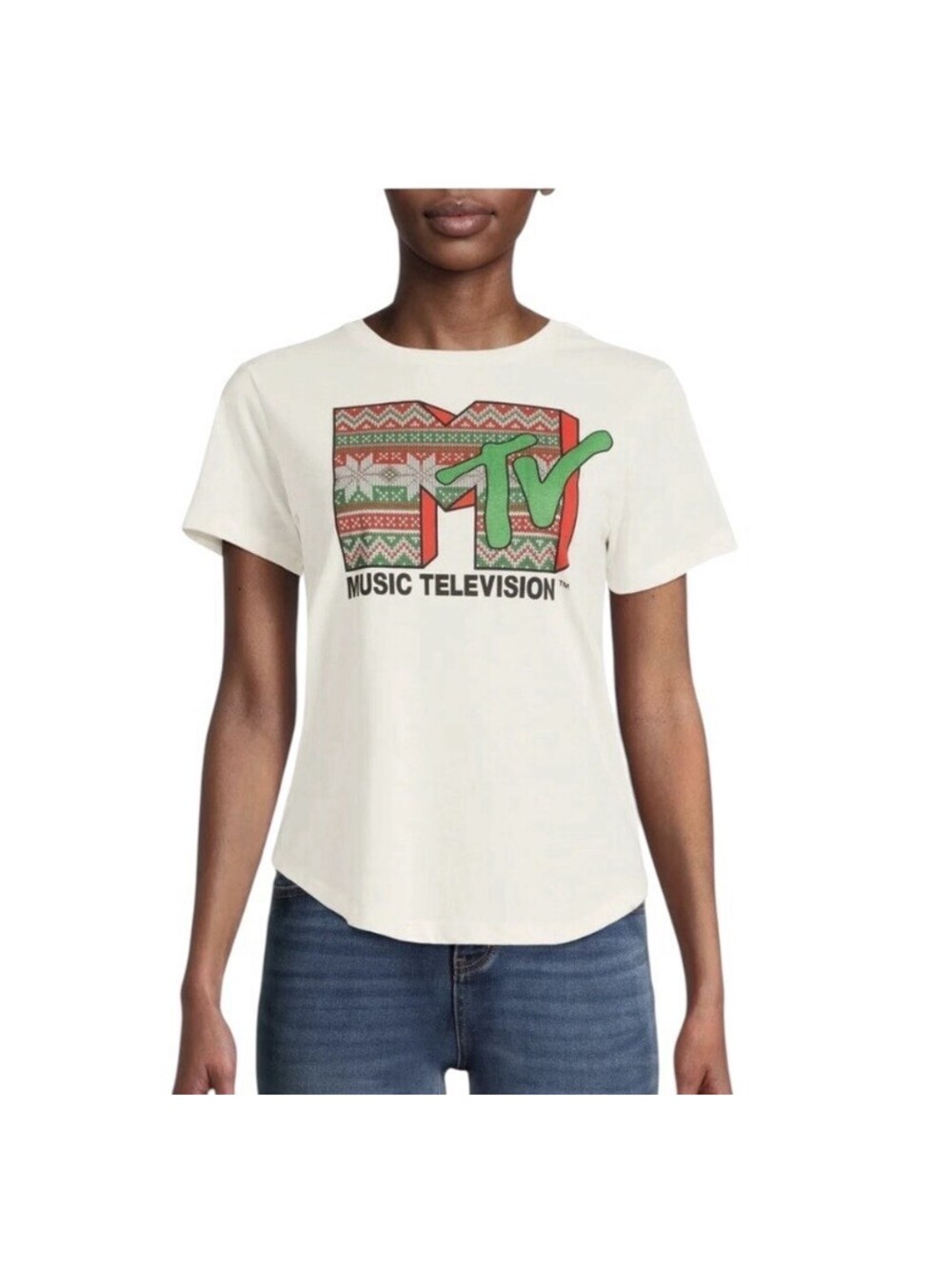 MTV Women's Junior's Cream T-Shirt Christmas Themed Size 2XL